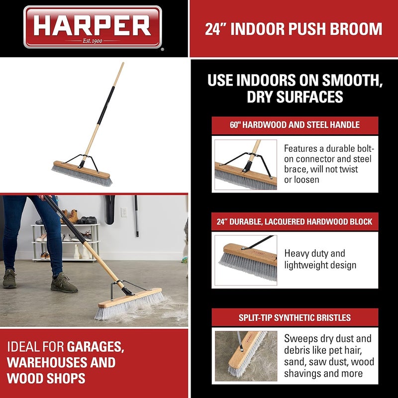 Harper 24 Inch Indoor Smooth-Surface Push Broom with Flagged Bristles for Sand, Saw Dust, Wood Shavings and Pet Hair in Garages, Warehouses, and Workshops - Image 2